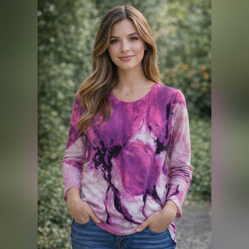 Look Vintage women's top  long sleeves abstract pink  purple print size S